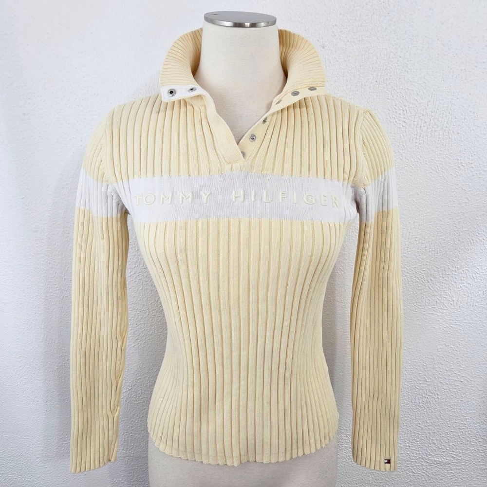 Vintage Tommy Hilfiger chunky ribbed henley top butter yellow pastel logo medium